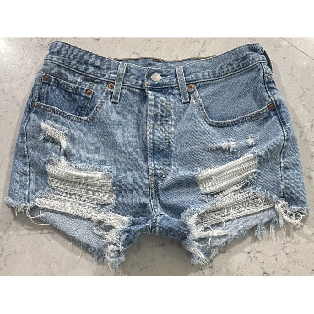 Levi's Premium 501 Denim Shorts Womens 30 Blue High Rise Distressed Button Fly